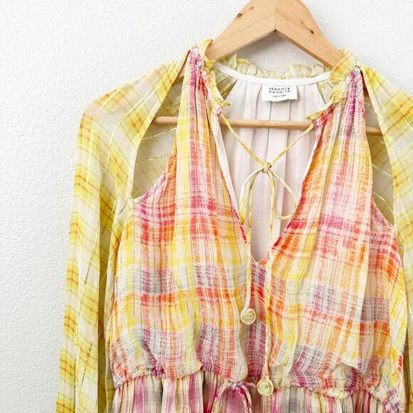 HEMANT AND NANDITA | Thick & Thin Striped Plaid Dress Yellow Pink Orange | Small - Picture 3 of 8